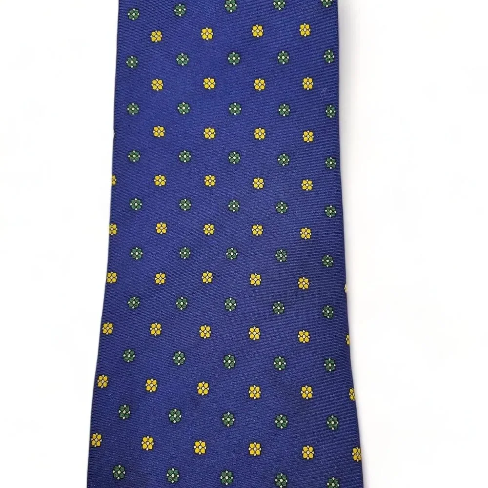 Trevisan Venezia 100% Silk Tie Blue Yellow Green Floral Polka Dot Made In Italy
